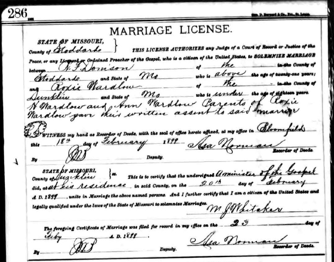 Donaldson, Richard F and Wardlow, Roxie A - Marriage License and Return